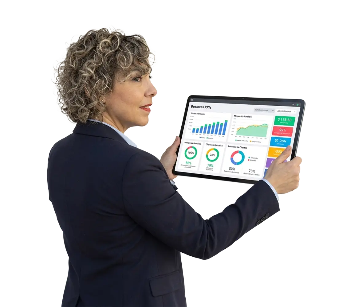 Dayana observando tablet con metricas